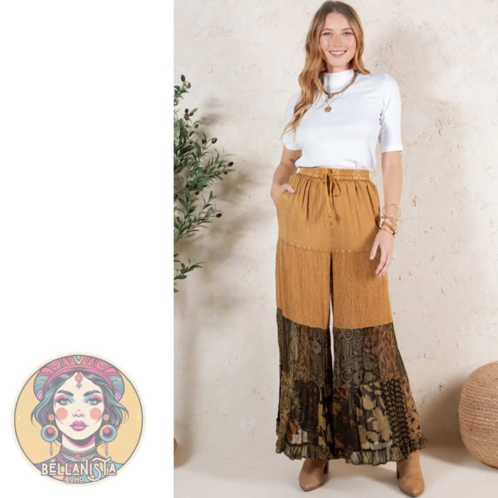 44389 YOUNG THREADS Bohemian Bell Bottom Pants in Camel & Brown